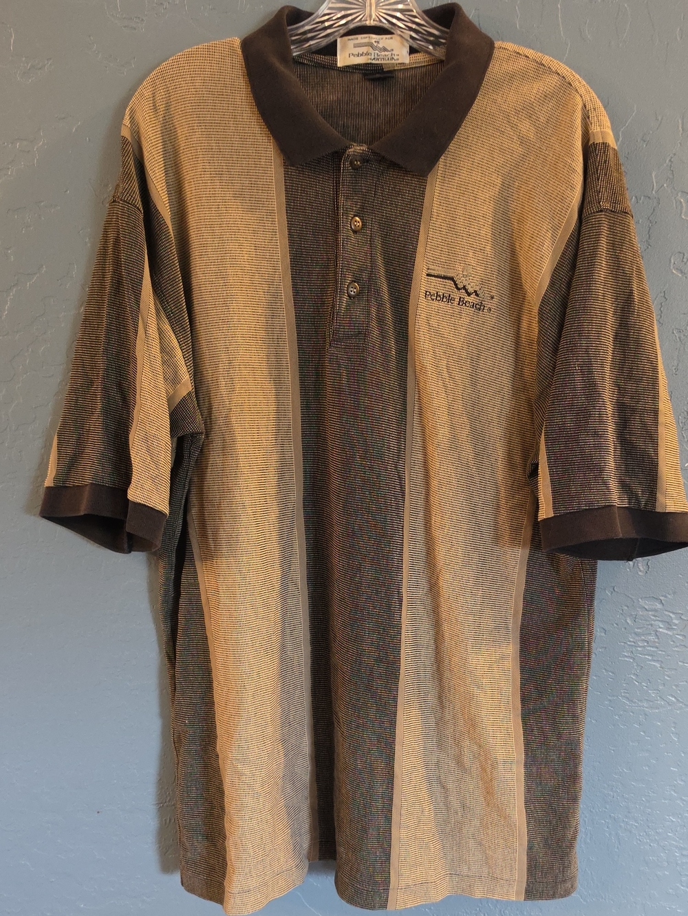 VTG Pebble Beach Men's Brown and Tan Vertical Stripe Polo